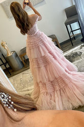 A Line Off the Shoulder Light Pink Long Prom Dress with Ruffles